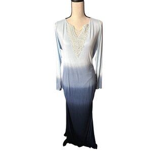 Venus Blue Ombre Long-Sleeve Maxi Dress With Lace-Up Neckline Ruched Side XL